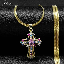 Vintage Shiny Zircon Jesus Cross Religious Amulet Necklace Women Stainless Steel Clavicle Snake Chain Choker Necklaces Jewelry