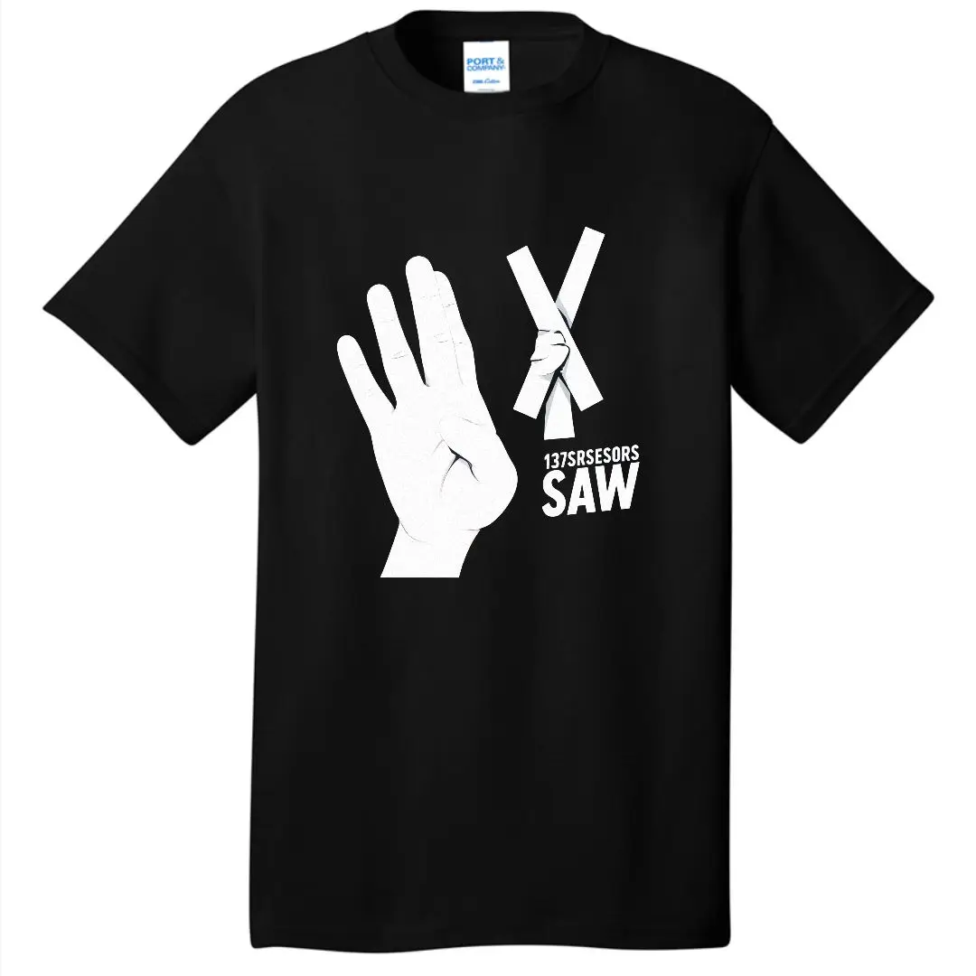 تي شيرت أبيض SAW OK X Sign Hands مع شريط أبيض برقبة دائرية وأكمام قصيرة - تي شيرت كاجوال مطبوع برسومات، قطن ناعم مسامي