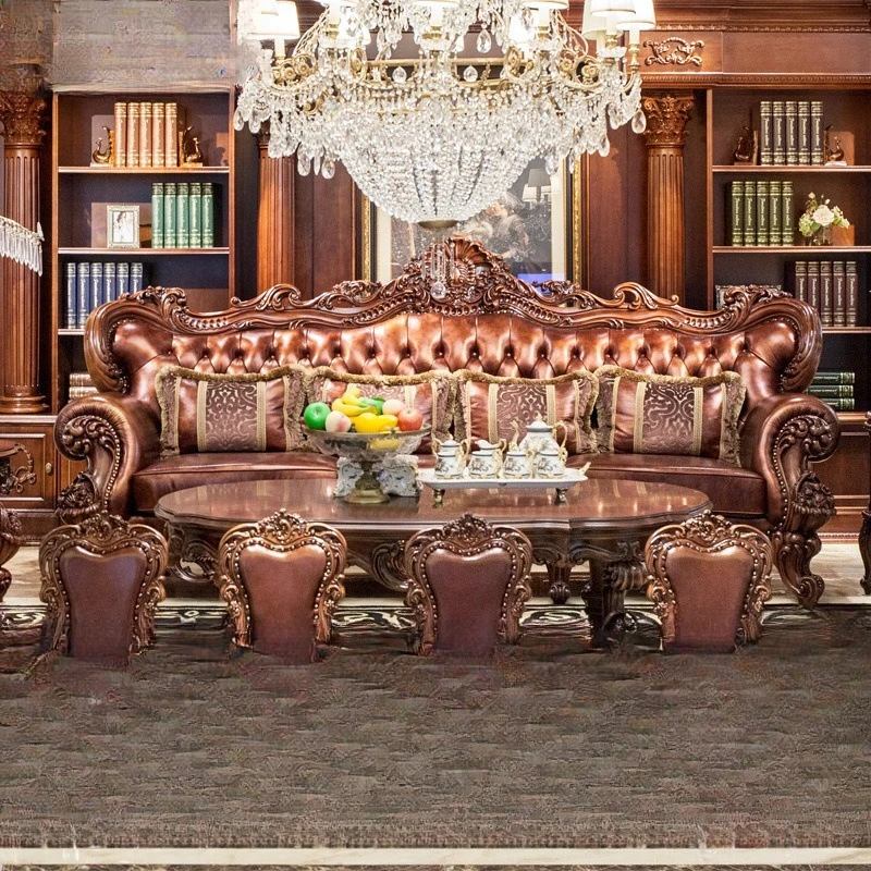 Leather sofa 123 combination American classical solid wood carving flower size apartment living room furniture