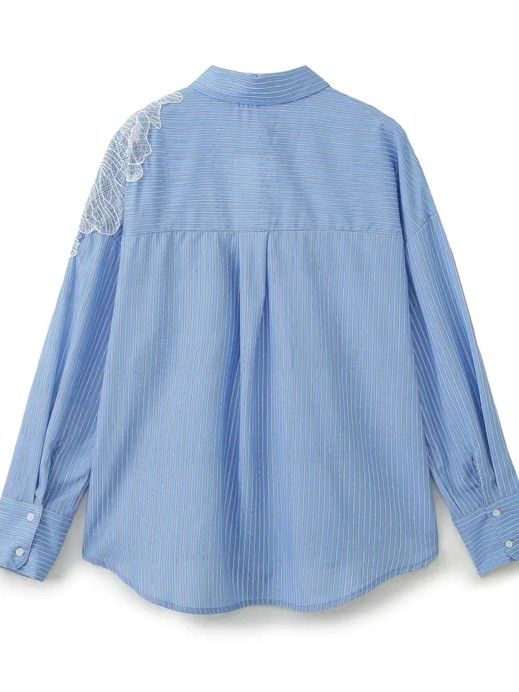 XNWMNZ2024 Women\'s Fashion Embroidered Striped Shirt Women Retro Lapel Long Sleeve Front Button Versatile Female Chic Top