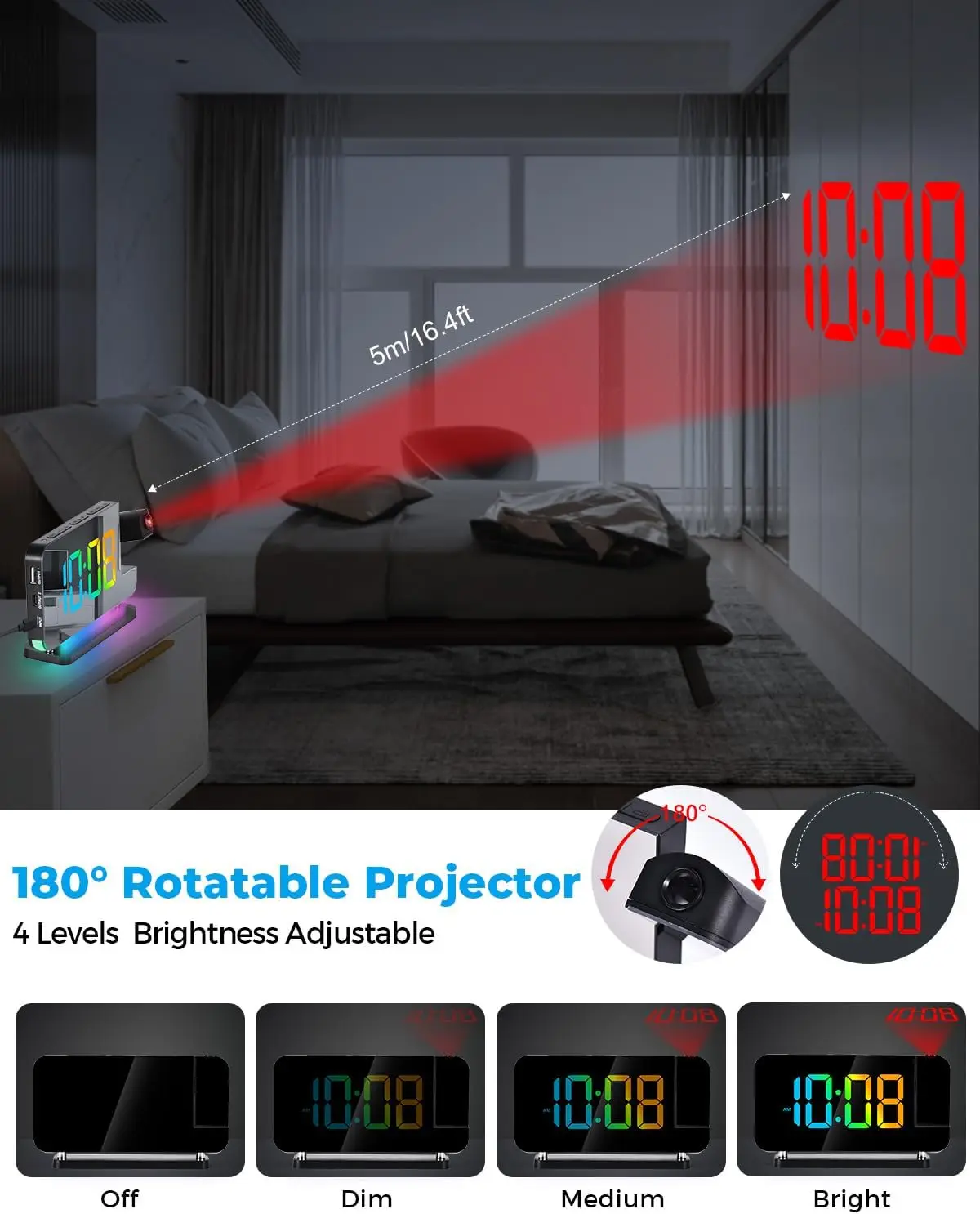 RGB Projection Alarm Clock Digital Mirror Clock with 180° Rotatable Projector RGB Night Light Auto Dimmer LED Desk Bedside Clock