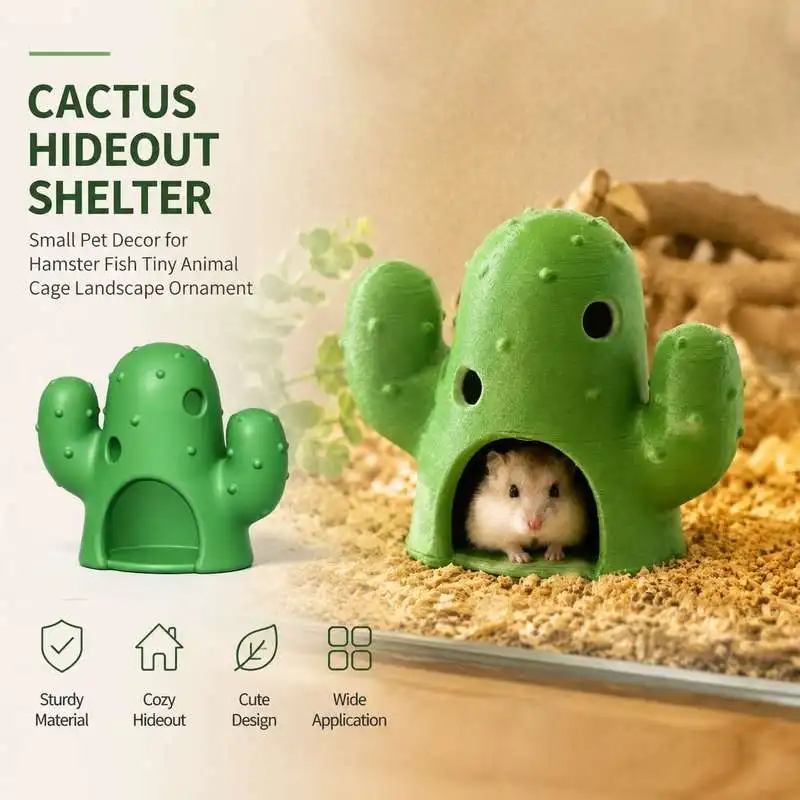 Cactus Shaped Hideout Shelter Small Pet Decor for Hamster Fish Tiny Animal Cage Landscape Ornament