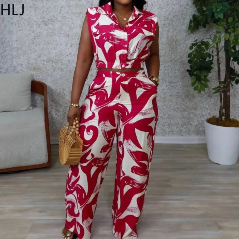

HLJ Fashion Printing Two Piece Outfits Woman Sleeveless Shirt Blouse Top and Pants Matching Suits Female Streetwear Clothing New