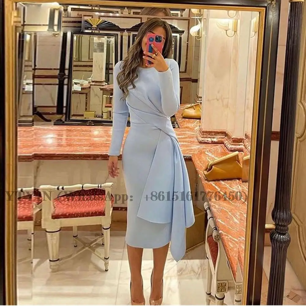 

Sky Blue Elegant Prom Dress Satin O Neck Long Sleeves Mermaid Evening Dress Vestido De Noche Abendkleider Dubai 2023