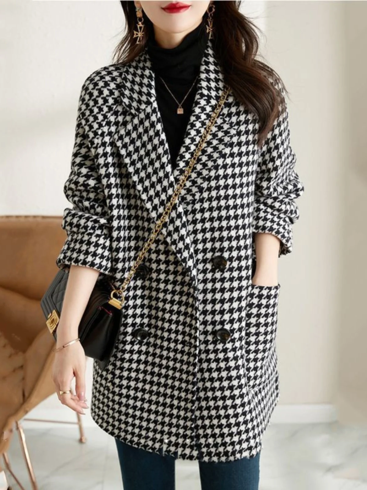 Hebenv Style Plaid Woolen Suit Coat Commuter Fashion Outerwear Women's Autumn Winter New Arrival Long Sleeve Midi Length
