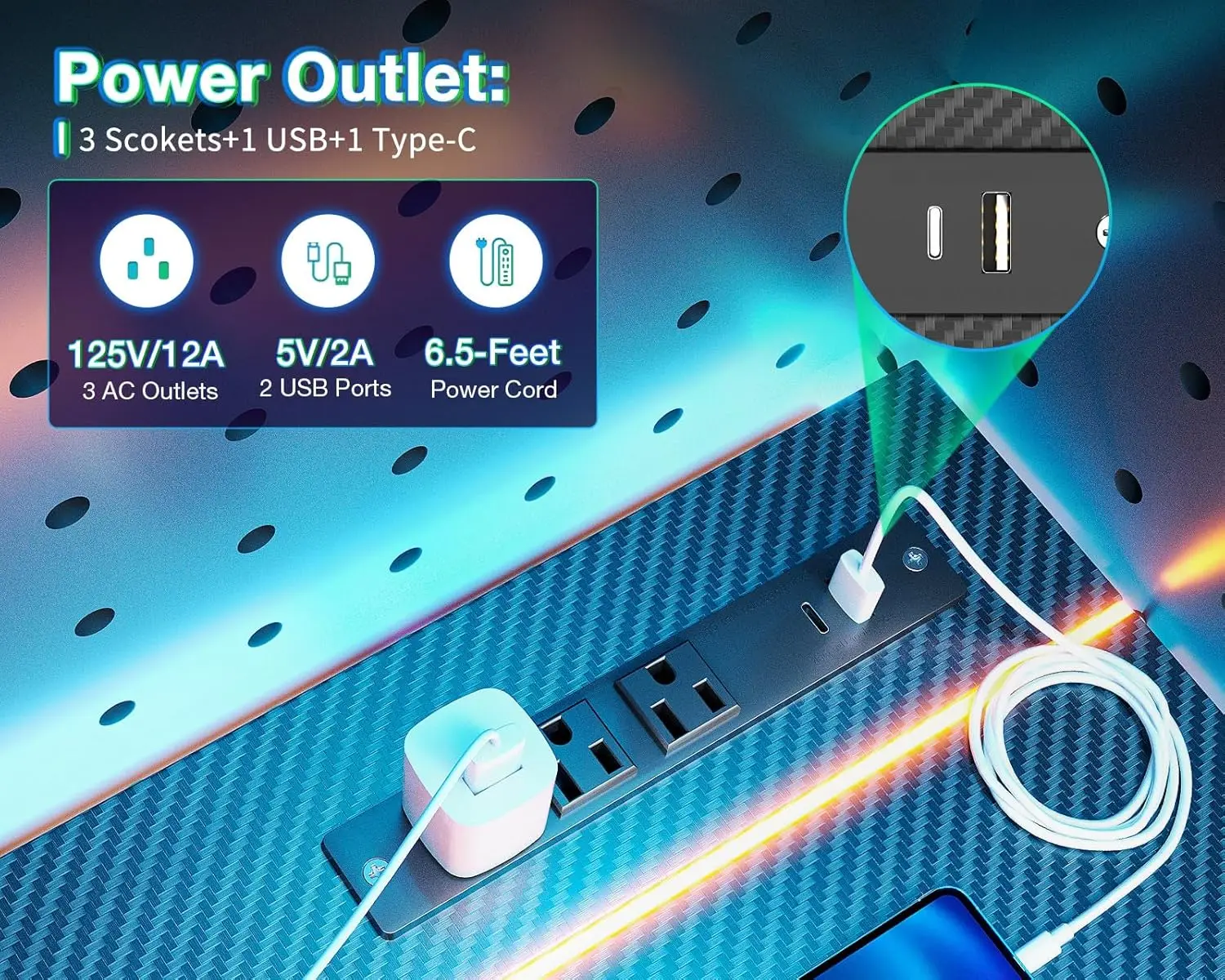 مكتب ألعاب مقاس 47 بوصة مزود بمنافذ LED ومنافذ طاقة، وملمس من ألياف الكربون الأسود، ومكتب كمبيوتر مدمج للمساحة الصغيرة