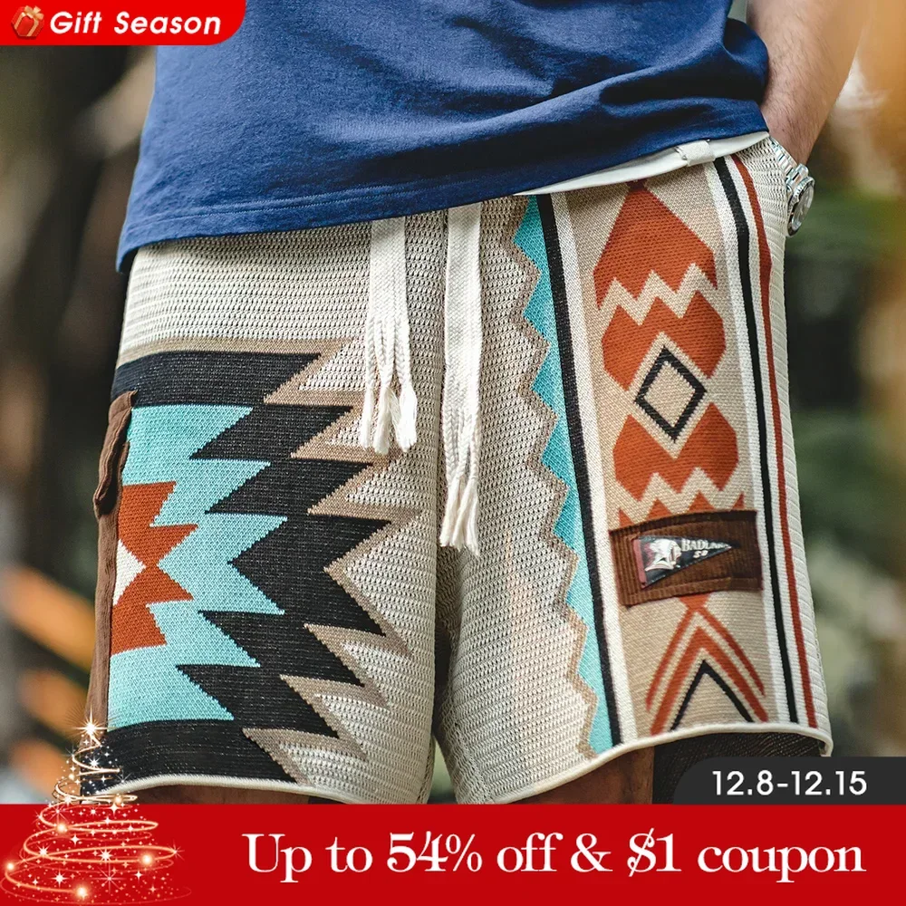 Maden Vintage Navajo Men\'s Knitted Shorts Casual Embroidered Geometric Beach Shorts Drawstring Elastic Waist Knee Length Pants