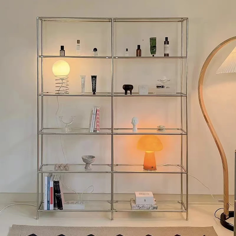 

Medieval stainless steel shelf storage rack light luxury bookshelf multi-layer wall floor-to-ceiling glass shoe bag display