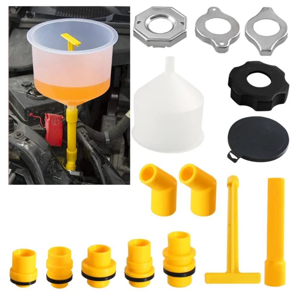 

15pcs Set Car Radiator Funnel Kit Spill Proof Design Bleeder Spout Coolant Filling Kit Refill Funnel Water Cooling System Kit