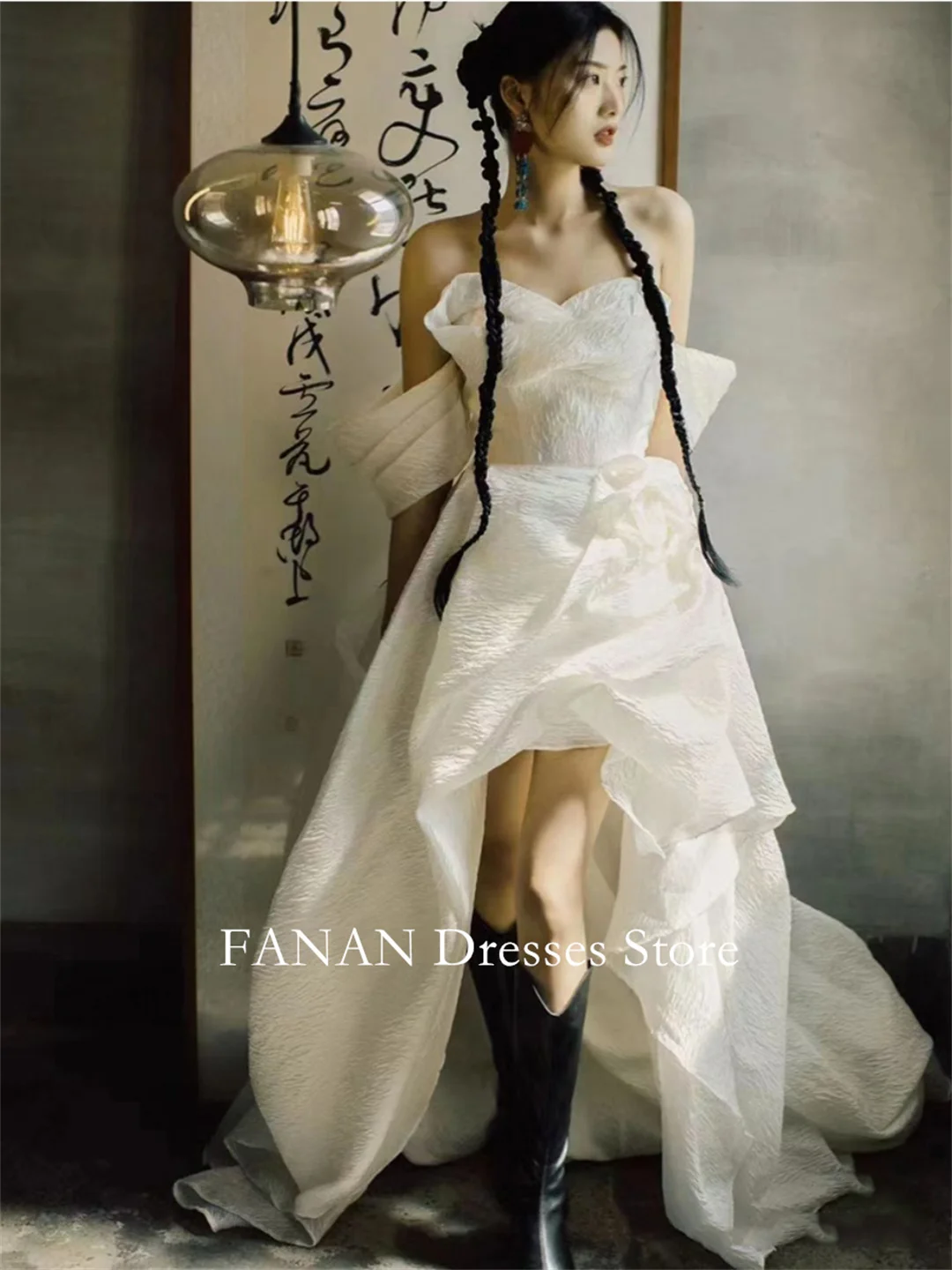 FANAN Korea Off Shoulder Wedding Dresses 웨딩드레스 Satin Princess Vinatge Lace-Up Side Slit Custom Made Bride Gowns Plus Size