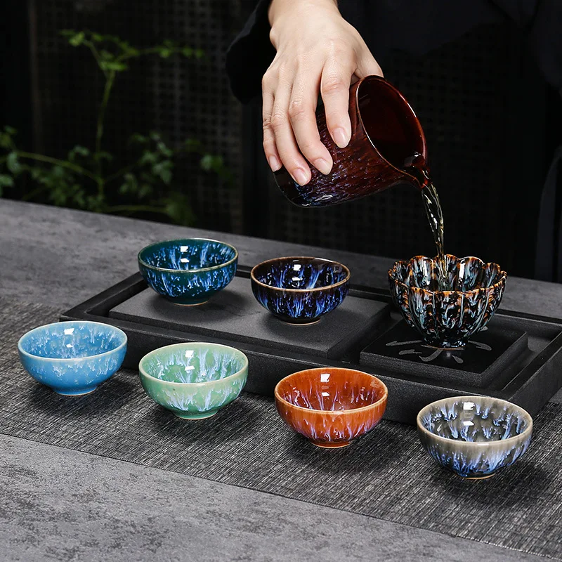 Vintage Multicolor Kiln Fambe Ceramic Teacup Japanese Style Retro Handmade Tea Cup Temmoku Glaze TeaSet Home Tea Bowl Master Cup