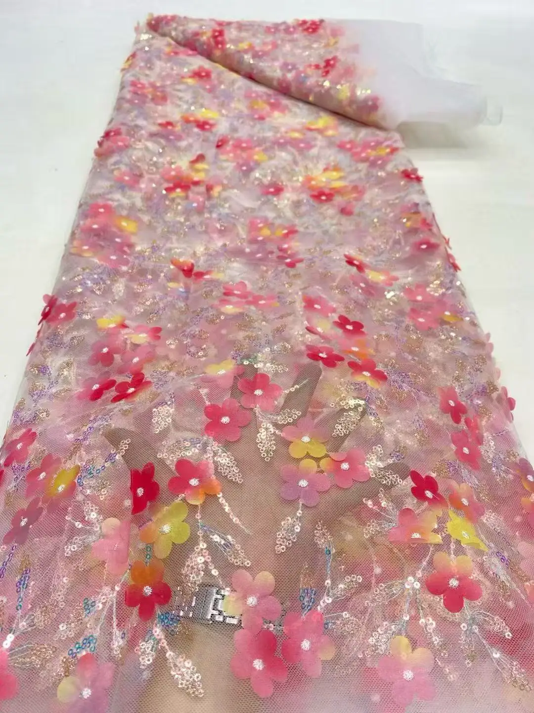 

African Lace Fabric 5 Yards 2026 High Quality Nigerian Pink Sequins Lace 3D Flower Embroidery Flower Lace Fabric For Sewing