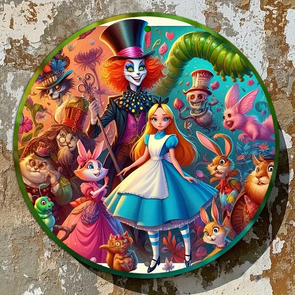 Arte de pared redondo de metal de Disney 'Alice in Wonderland' - Escena oficialmente con licencia de Sombrerero loco, gato de Cheshire y Alice - Alu duradero