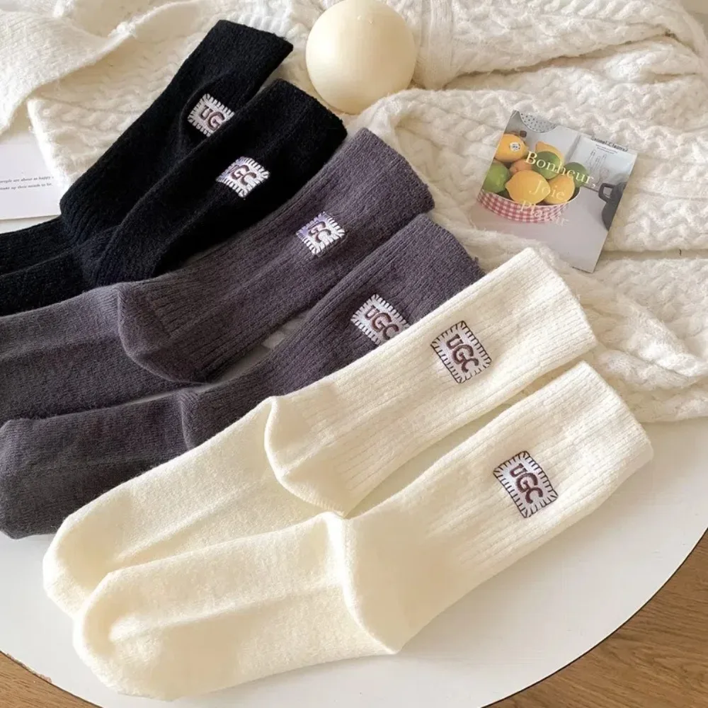 New Thickened Warm Velvet Socks Middle Tube Keep Warm Snow Boot Socks Solid Color Heel Embroidery Label Mid-Tube Socks Winter