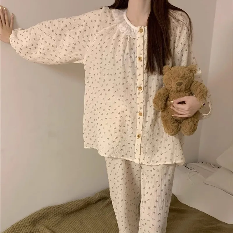 Women Pajamas Sets Spring Korean Sleepwear 2 Piece Floral Pyjama Long Sleeve Top Pants Pijama Cute Mujer Pjs Homewear Home Suit