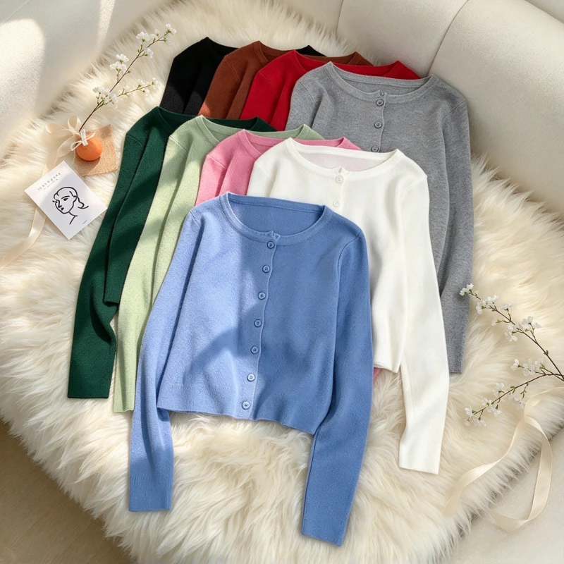 Women Crew Neck Knit Cardigan Long Sleeve Single Breasted Elastic Sweater Coat Slim Cropped Jacket Casual Autumn Outerwear