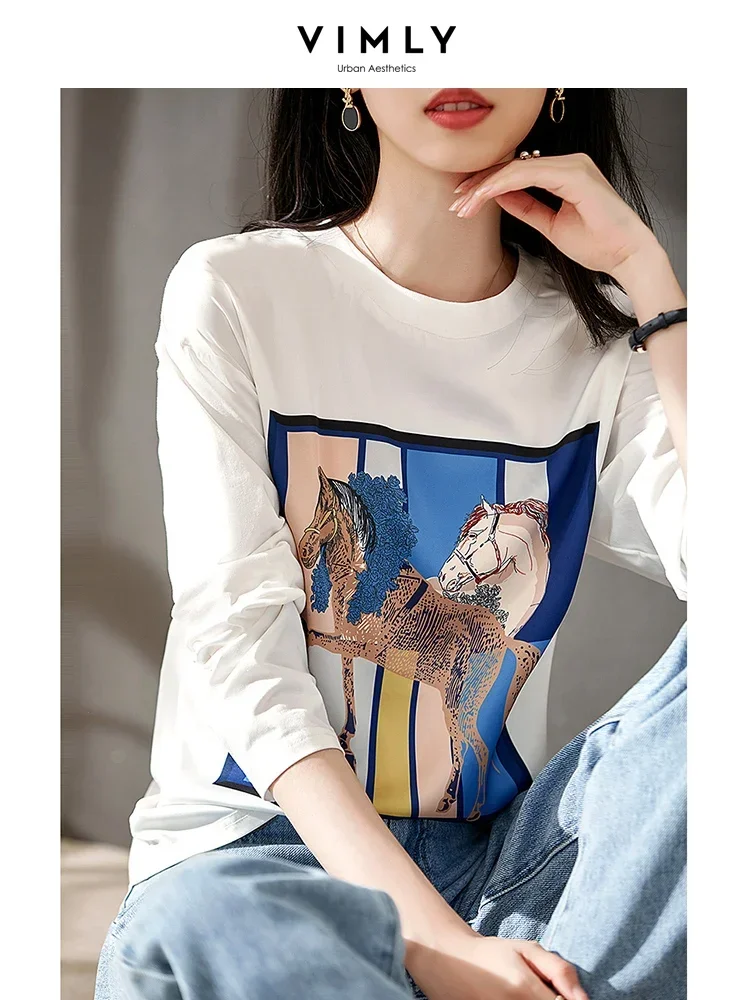 Vimly White Graphic T shirts for Women 2023 Fall Korean Fashion 69.9% Cotton Long Sleeve Tops Women\'s Autumn Printing Tee Shirts