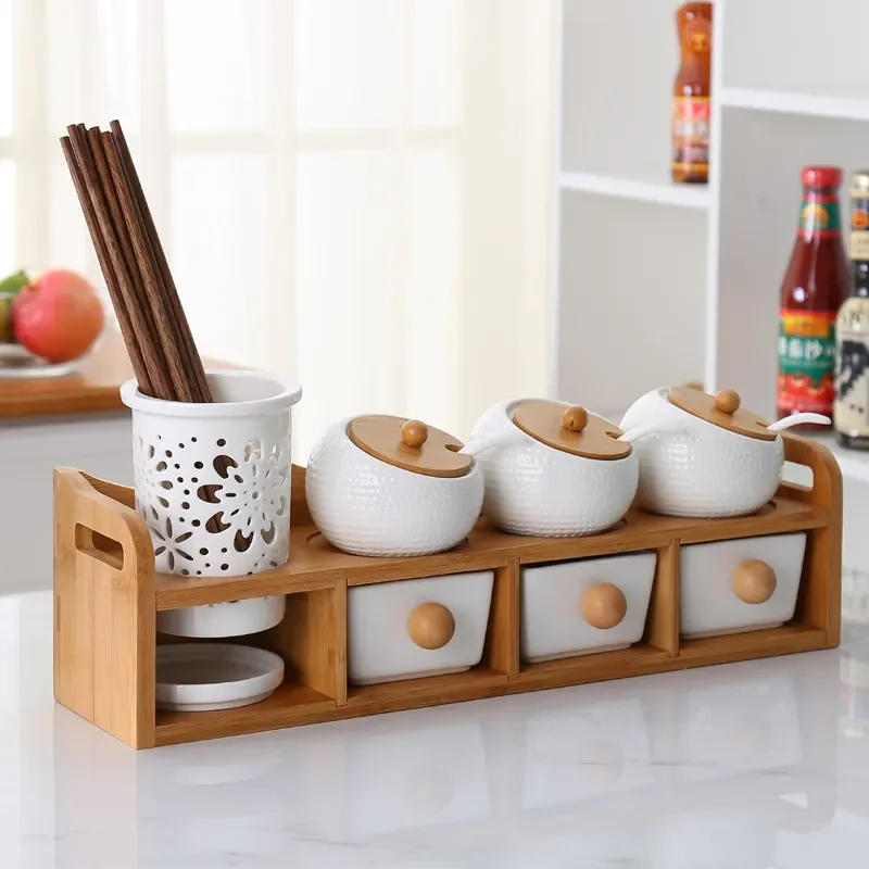 1-7pcs Ceramic Chopstick holder Kit Kitchen Accessories Spice Jar With Wood Lid Seasoning Box Salt Shaker Pot Set