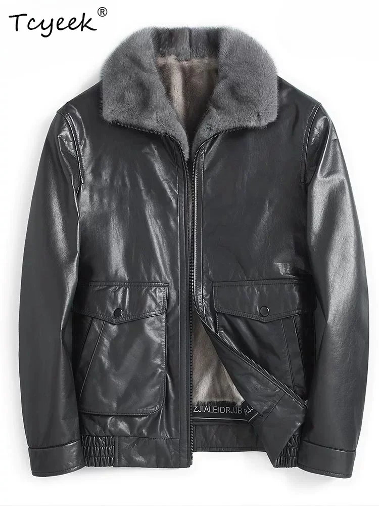 Tcyeek 100% Calfskin Real Leather Jacket Men Sliver Blue Whole Mink Mens Coats Winter Clothes Short Slim Fit Куртка Мужская