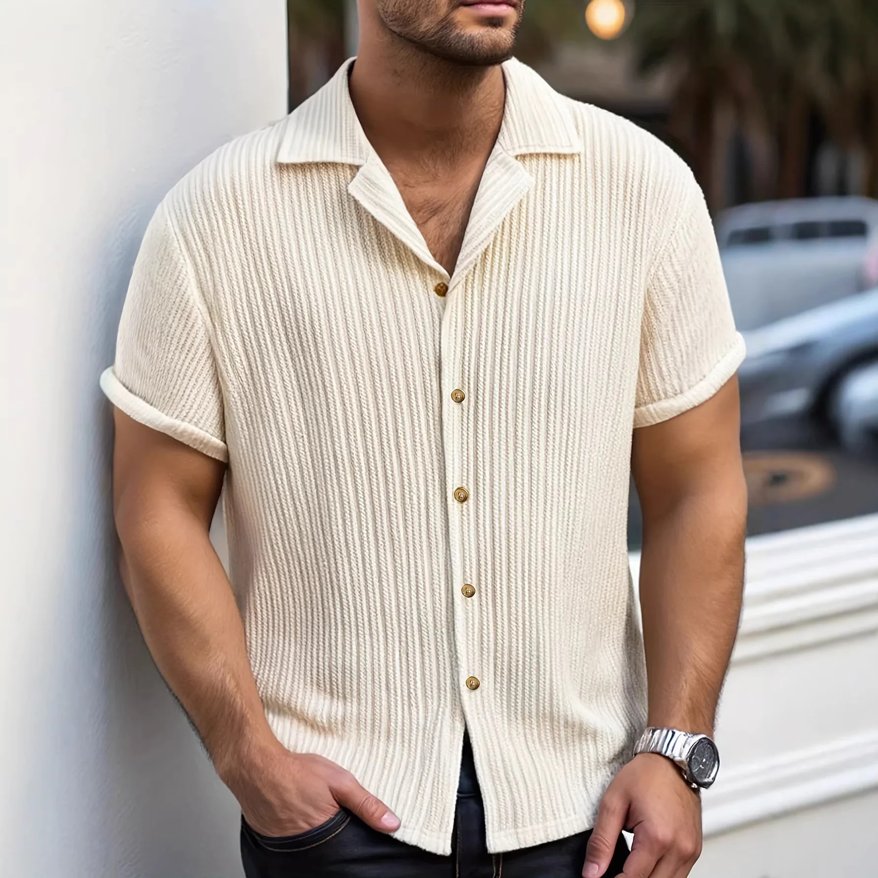 

2026 New Summer Men's Vintage Knit Cuban Collar Short Sleeve Shirt European American Luxury Textured Button Down Casual Shirt