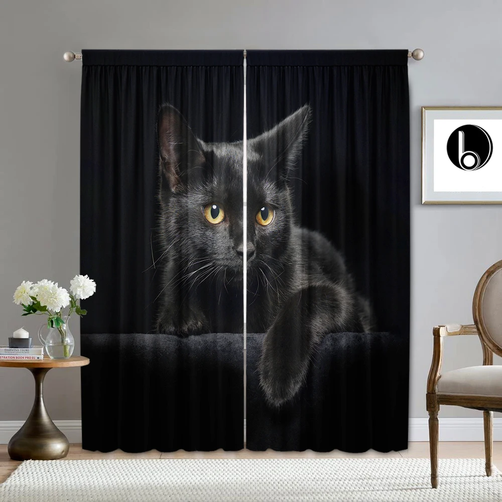 2PC Home Decoration Curtains, Cute Cat Background With Pole Pocket Curtains, Kitchen, Coffee Shop, Living Room, Balcony, Garden