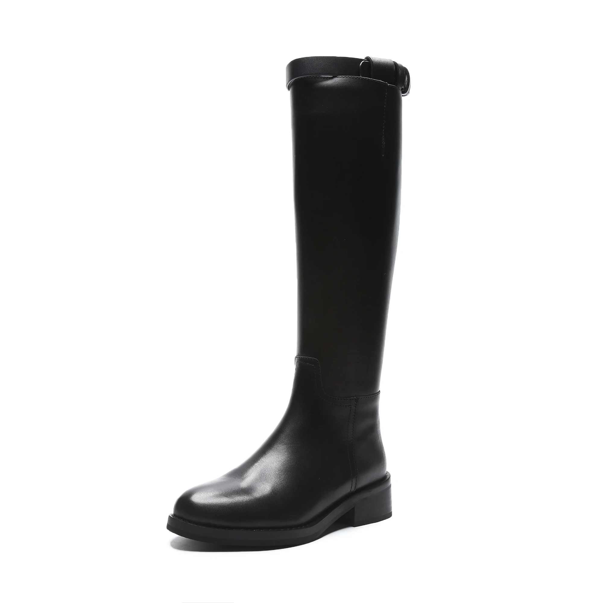 High Street Big Size Black Colors Genuine Leather Med Heels Western Riding Boots Round Toe Brand Luxury Zipper Knee-high Boots