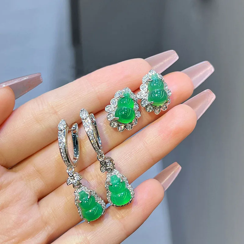 Natural Green Chalcedony Gourd Earrings New Chinese Style Lucky Earring Women's Zircon Earring 925 Sterling Silver Ear Jewelry