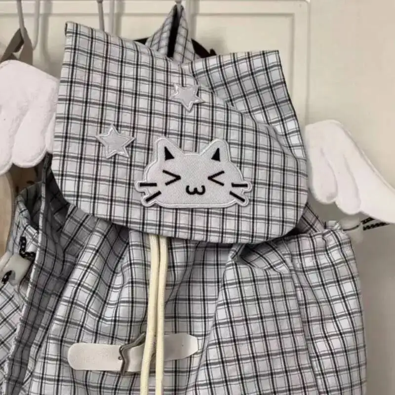 Embroidered Cat Backpack Black White Checkered Style Lightweight Cute Small Shoulders Versatile Student Commute Campus Backpack