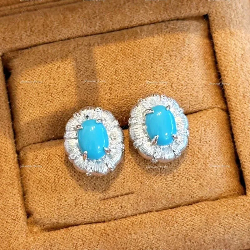 silver 925 light luxury High quality turquoise earrings for women fashion oval wire drawing blue earings stud wedding jewelry