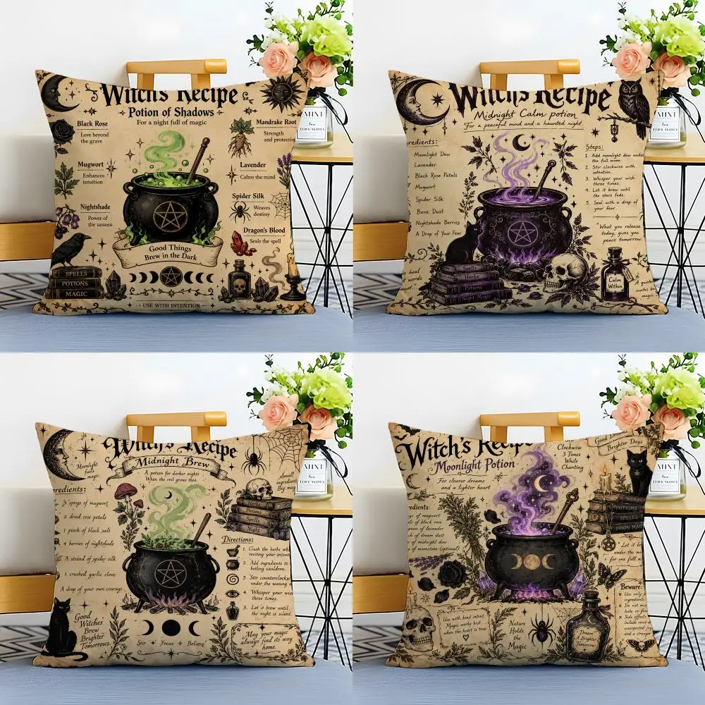 H-Halloween Witch's Recipe Cushion Cover Linen Minimalist Soft  for Sofa Bed Home Room Decor