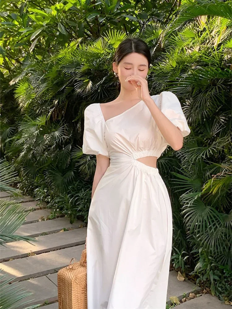 French Style White Dress Women Summer Oversized Cut-out High Waist Long Dress Retro Effortless Chic Irregular Off Shoulder Dress