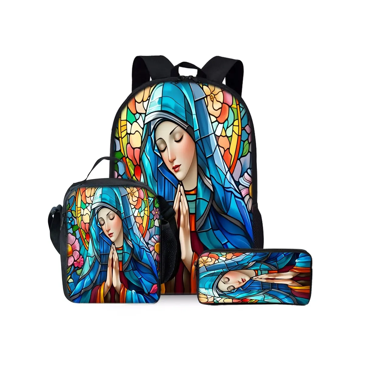 

Virgin Mary Print Three Piece Backpacks Set for Boy and Girls Best Gifts 3D Cartoon School Bag for Children
