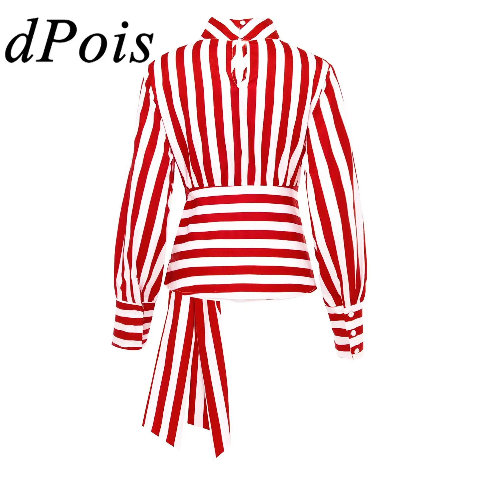 

Womens Classic Stylish Striped Shirt High Collar Keyhole Long Sleeves Belted Waist Blouse Top for Office Lady Pullover Shirt