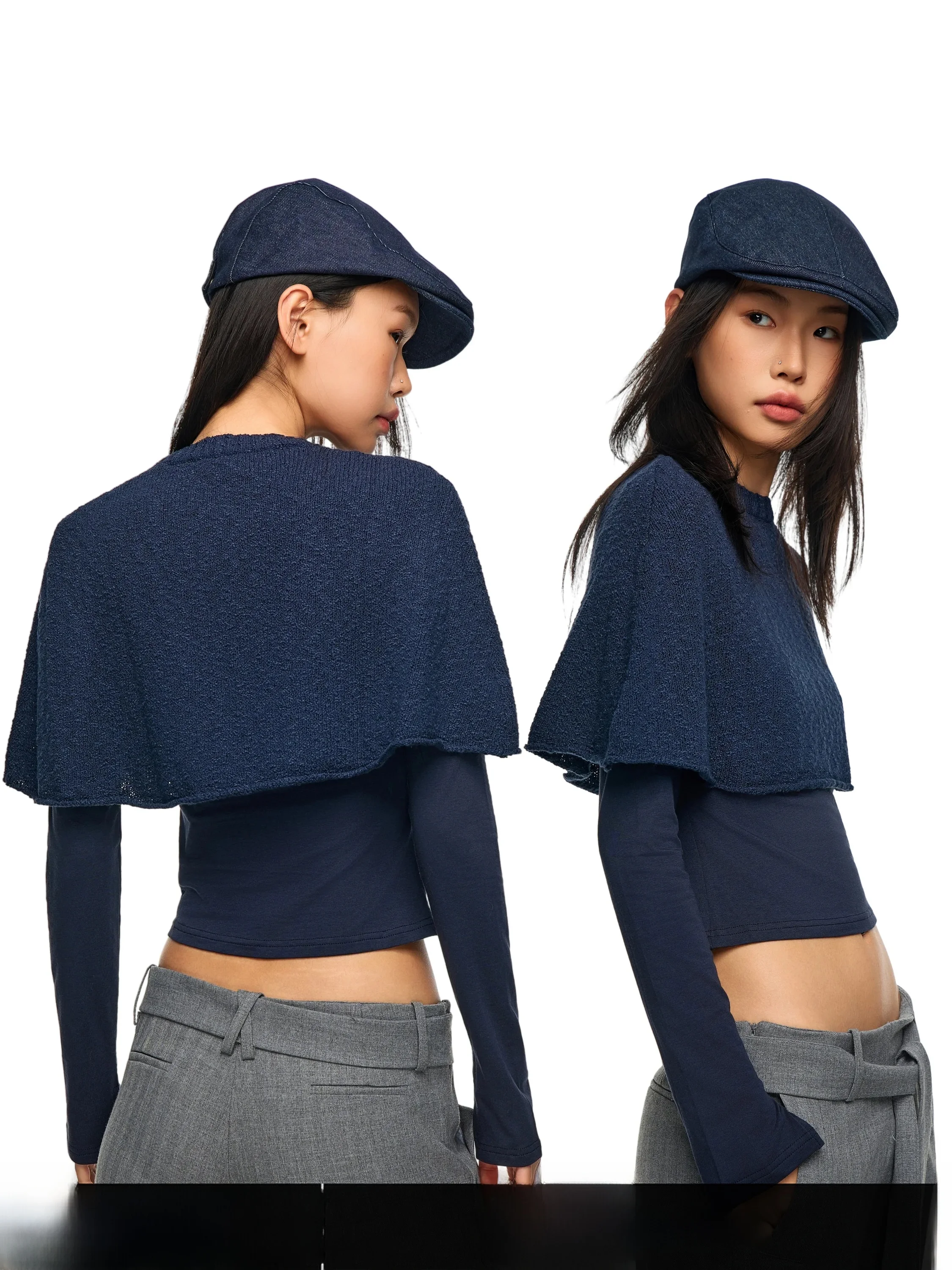 GO GO BURN American Style Knitted Shoulder Wrap Long Sleeve Women's Inner Wear T-Shirt Autumn New Double Layer Top Set Casual...