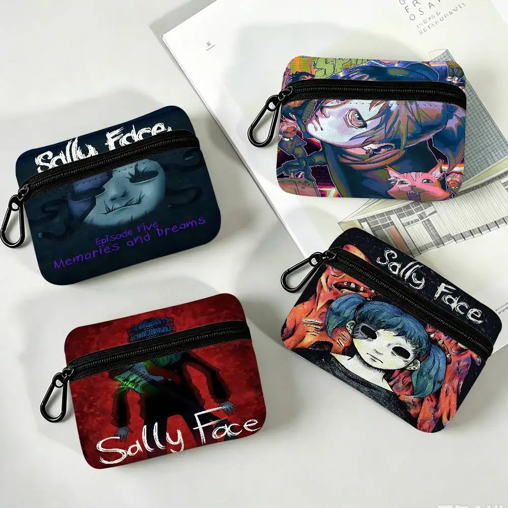 S-Sally-Face Uncanny-Dark Mini Oxford Cloth Coin Purse With Carabiner Hook Portable Key Card Wallet Small Zipper Storage Pouch