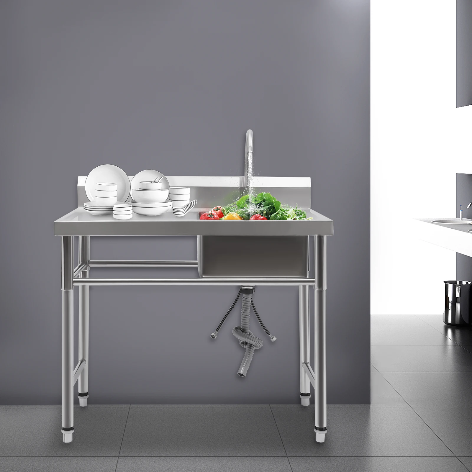 Évier en acier inoxydable, 100x60x93 cm, évier de cuisine avec pieds de nivellement, réservoir d'eau pour restaurants, buanderie, magasins