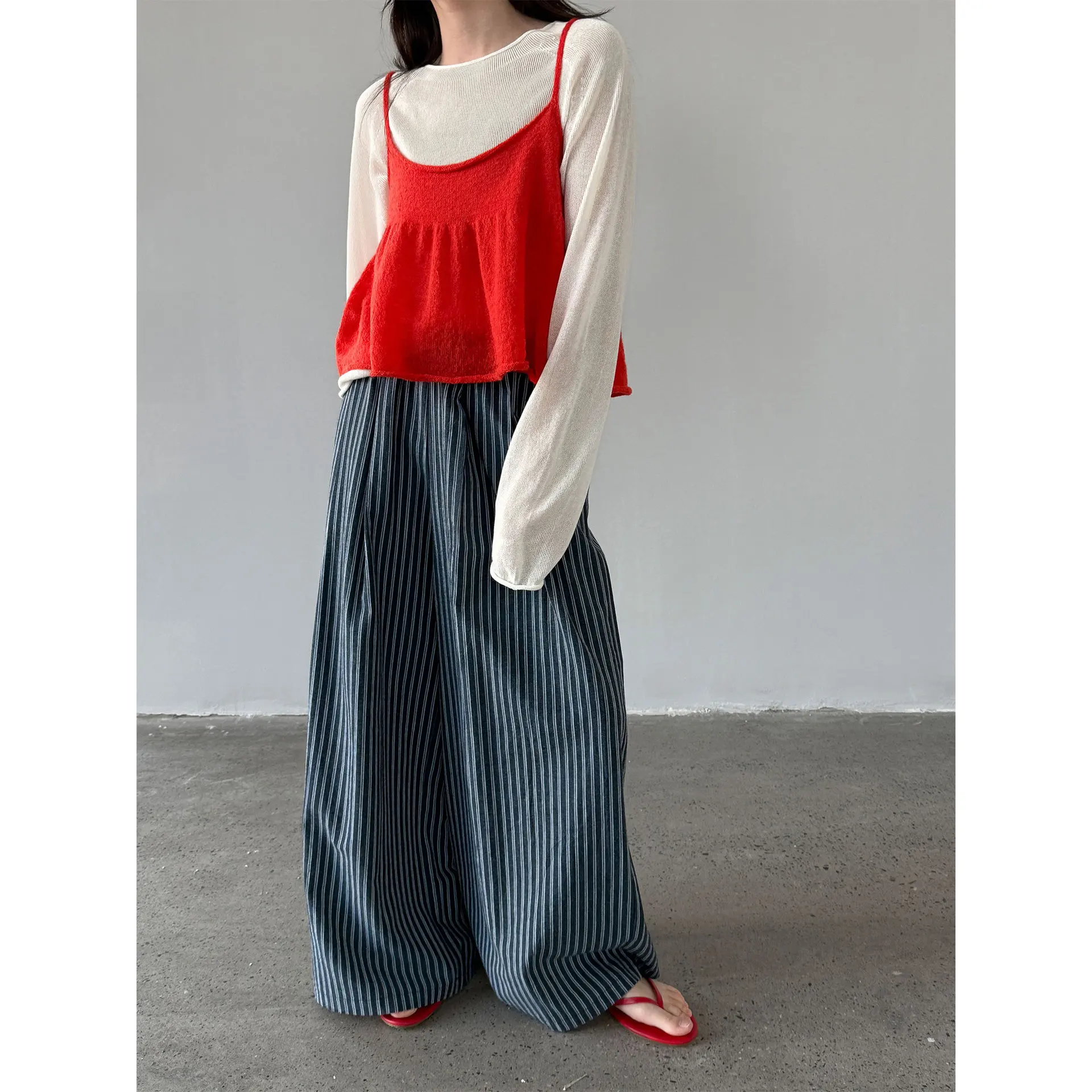 

Women Pants Striped Capris Elastic Empire Waist Full Length Slight Strech Wide Leg Pants Loose Fit Casual 2026 Spring Summer