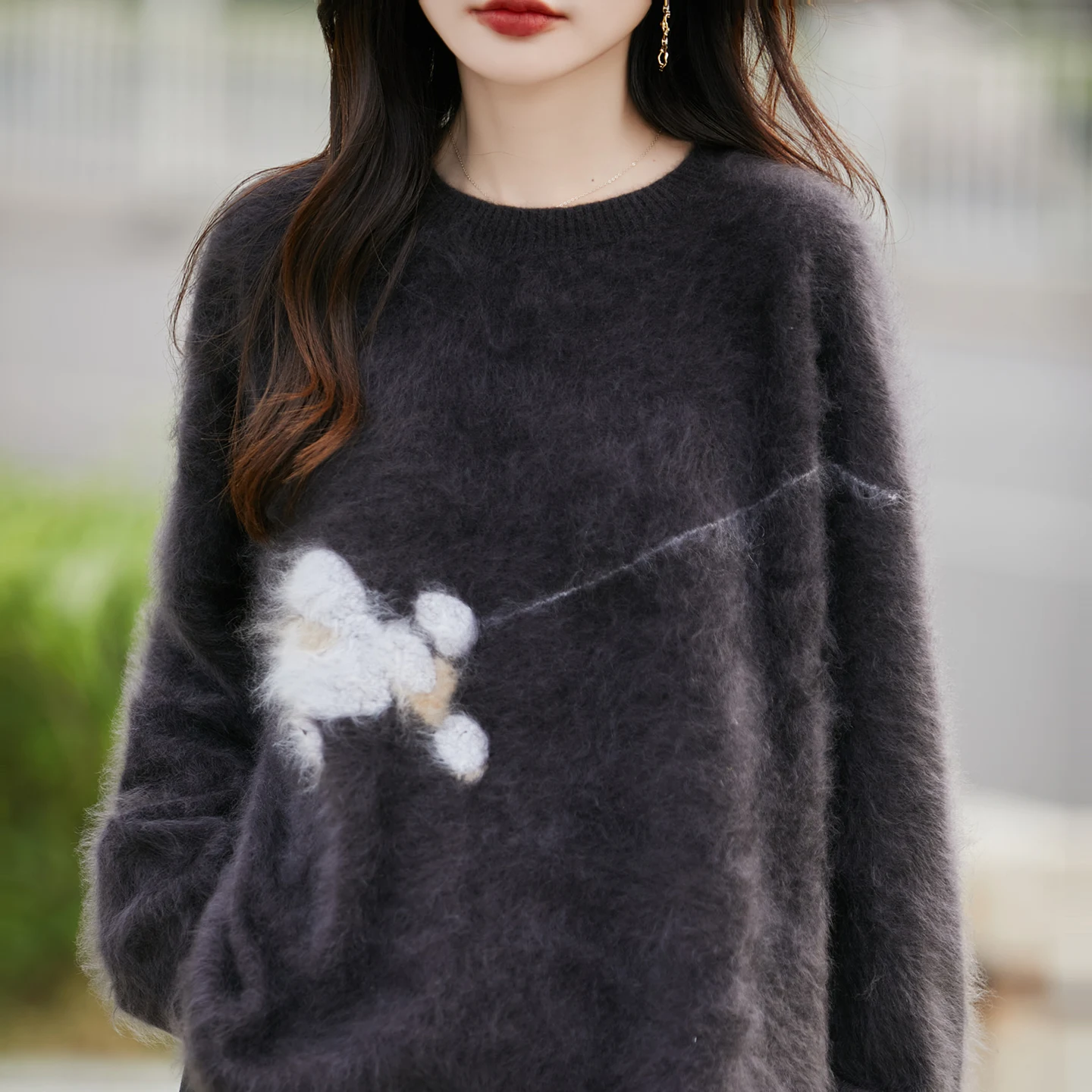 Sweter damski ze 100% czystej wełny na jesień i zimę, luźny, dzianinowy top z haftem złotej rybki i wzorem żakardowym, swobodne pulowery.