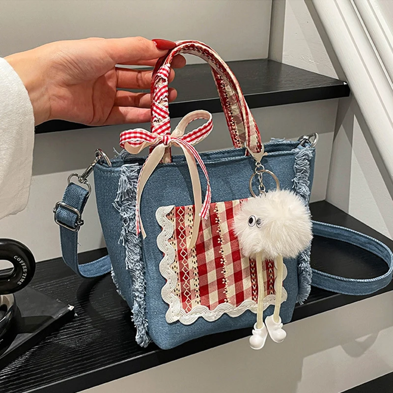 

HAEX Fashion Plaid Mini Women Handbags 2025 Ribbon Bow Casual Denim Ladies Crossbody Shoulder Bag All Match Daily Bolso Mujer