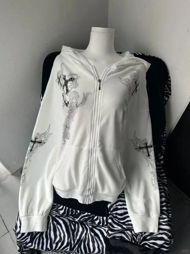 

Onalippa 2025 Y2k Subculture Personality Толстовка с капюшоном на молнии с крестом, куртка Millennial, ранняя одежда, свободные женские топы