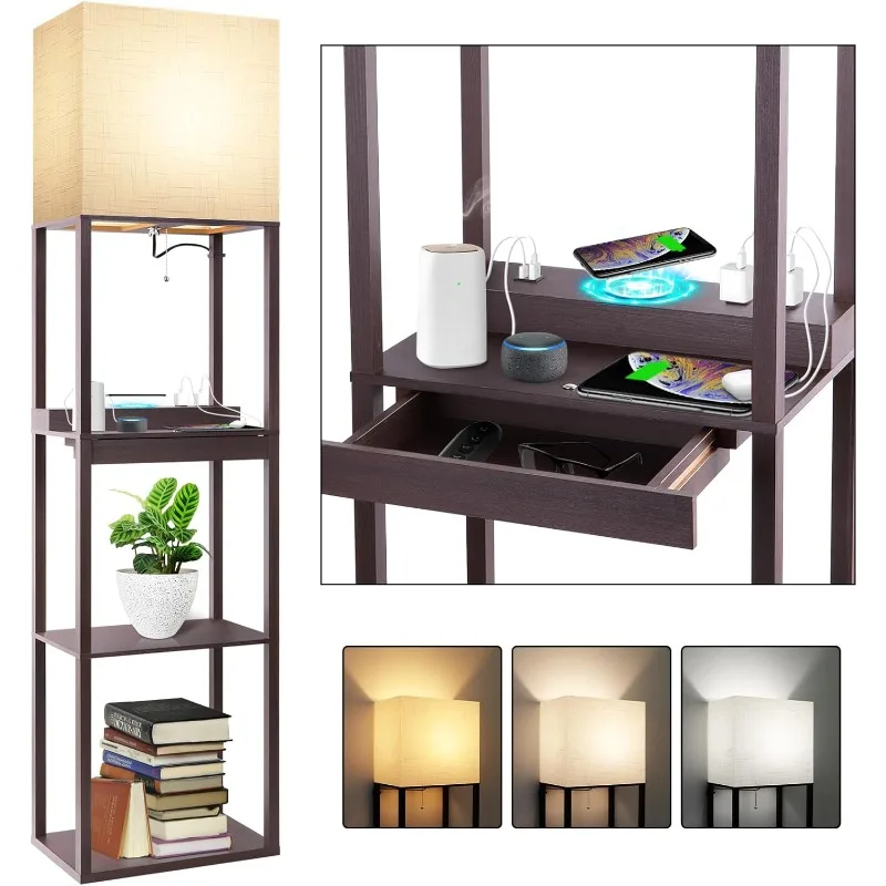 Floor lamp with shelf, modern standing lamp with wireless charger, 1 drawer and 2 USB ports and 2 power sockets