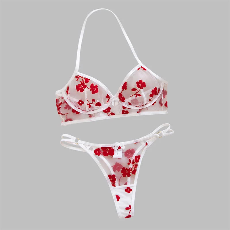 

Sexy Lingerie Red Flocking Flower Lingerie Set Hanging Neck Soft Tulle Push Up Bra Set Ultra Thin Breathable Women's Lingerie