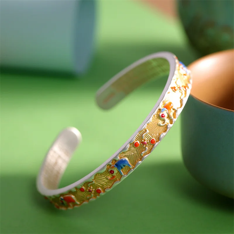 

99.9% Sterling Silver Enamel Elephant Mantra Couple Bracelet Vintage Oriental Jewelry Gift for Men & Women