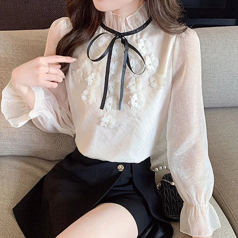 

New Long Sleeve Ruffled Women Blouse Lace-up Chiffon Blouse Shirt Women Tops Blouses Shirts Blusas Para Mujer Camisas Blusa H551