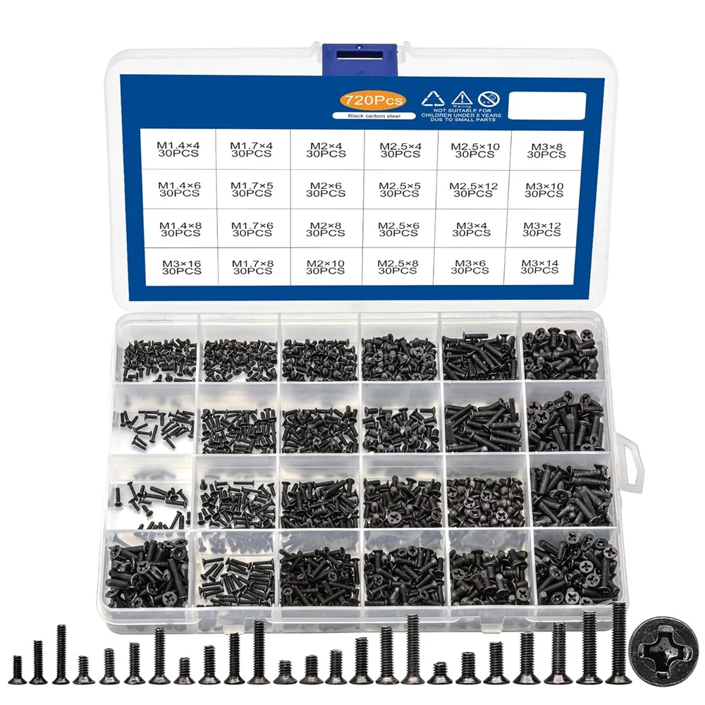 

720pcs Laptop Notebook Computer Carbon Steel Screws Kit Set, Flat Head Phillips Screw , M1.4/1.7/2/2.5/3 Countersunk ssd Screws