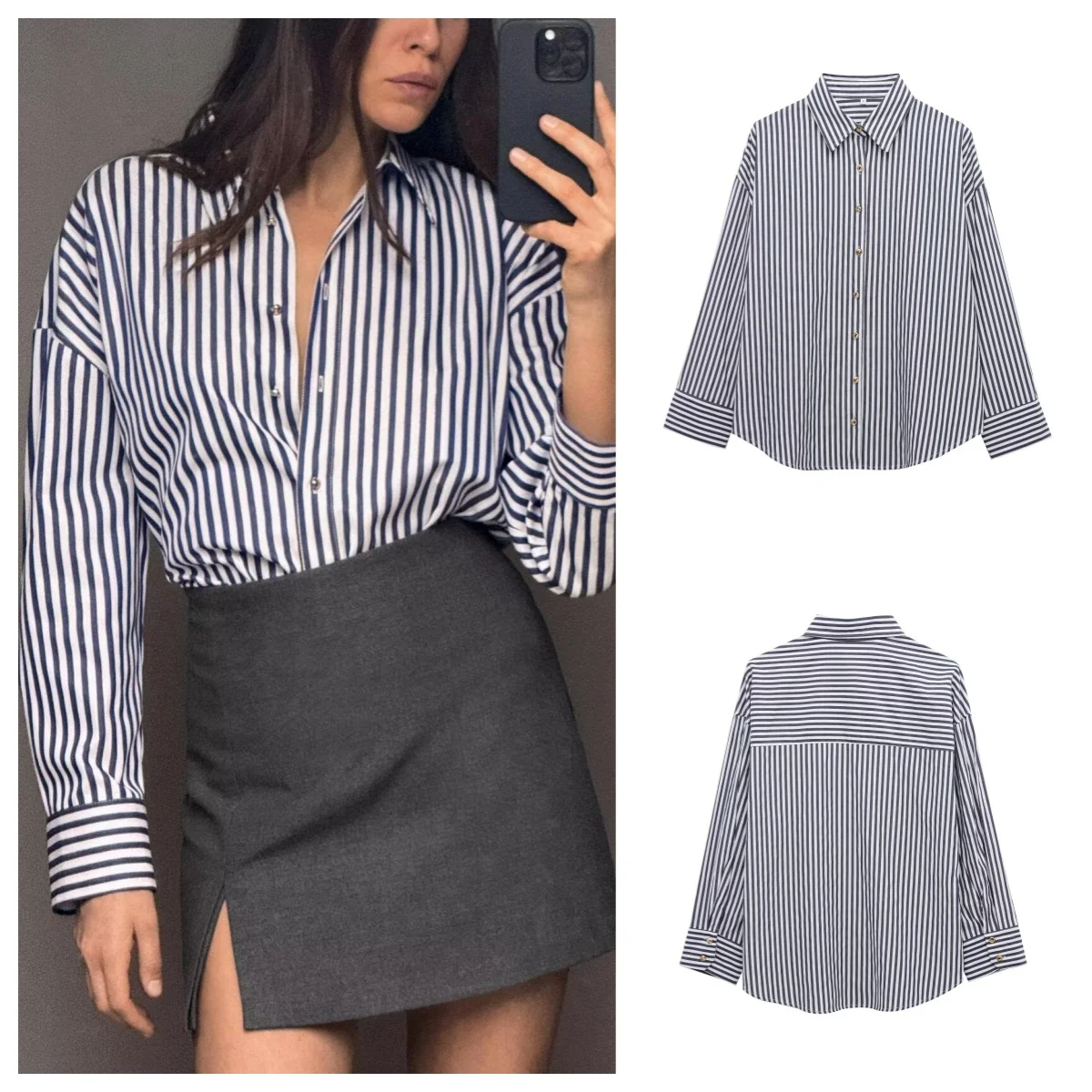 

European and American style new fashion all-match lapel single-breasted striped long-sleeved shirt
