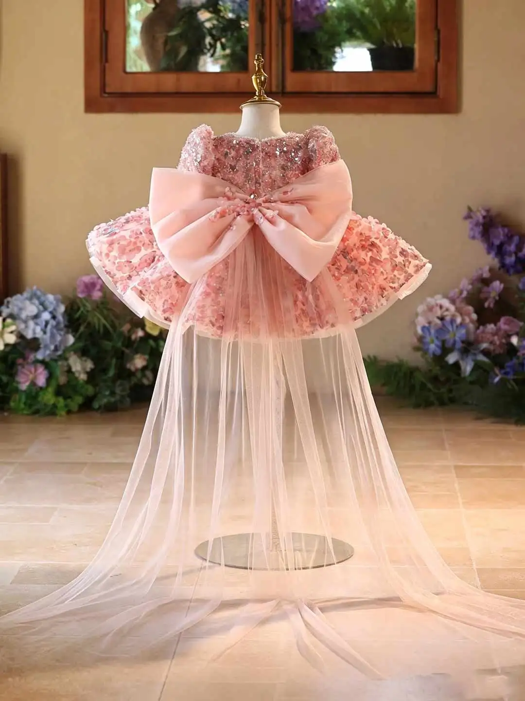 Dreamy Vow D602 Pink Puff Sleeve 3D Floral Sequin Flower Girl Dress, Removable Tulle Train Puffy Princess Gown for Birthday