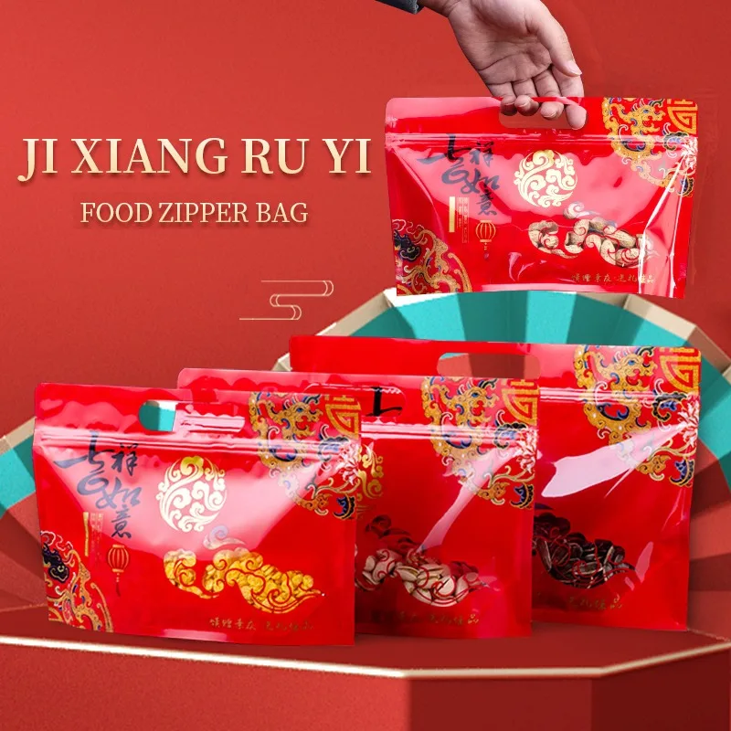 Selbstverschließende Glücksbeutel für das chinesische Neujahr mit Fenster, 50 Stück für Süßigkeiten, Nüsse, Geschenkverpackungen, Frühlingsfest-Zubehör