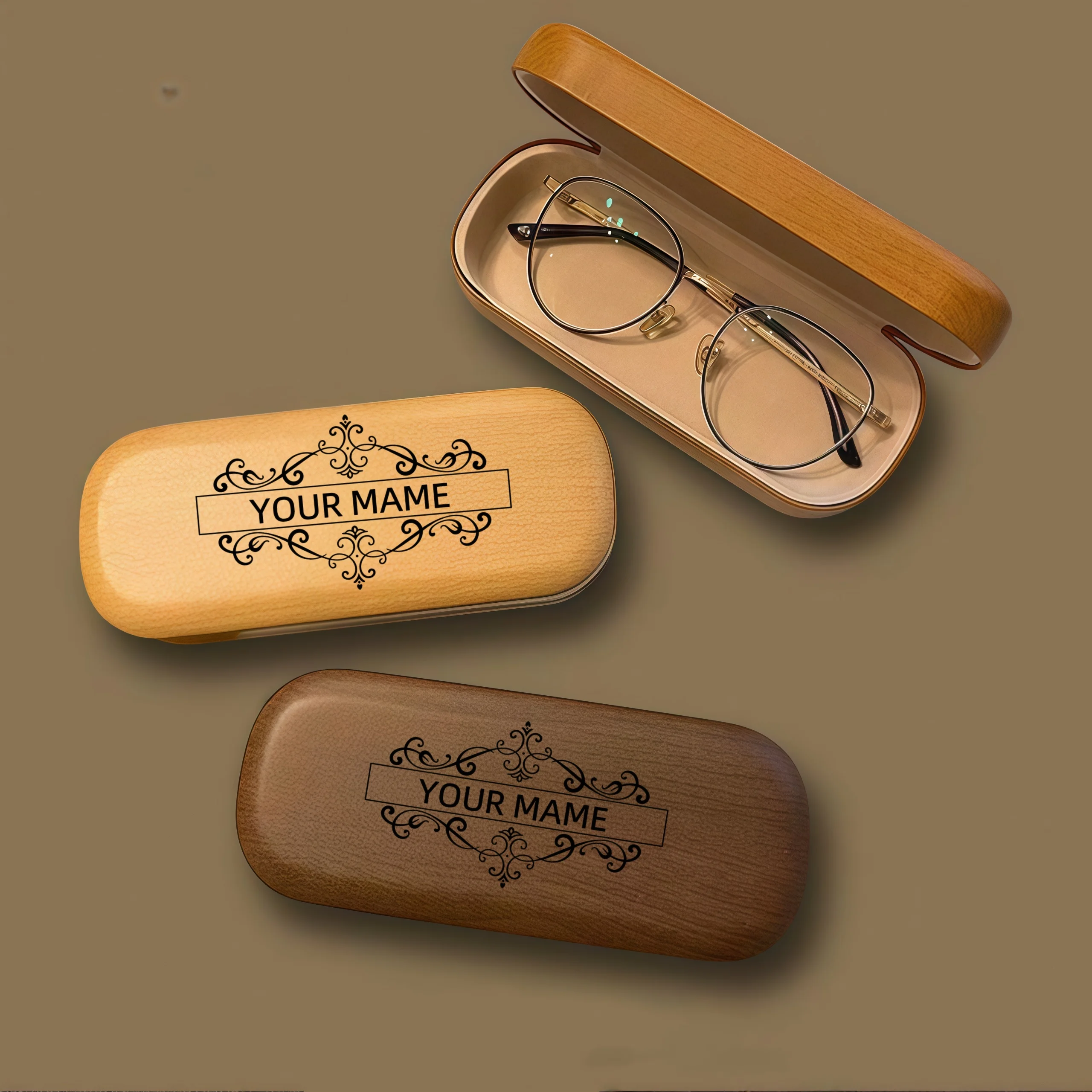 Personalized Imitation Wood Grain Name Glasses Case, Custom Text Pattern Laser Engraving, Classic Faux Wood Eyeglasses Storage