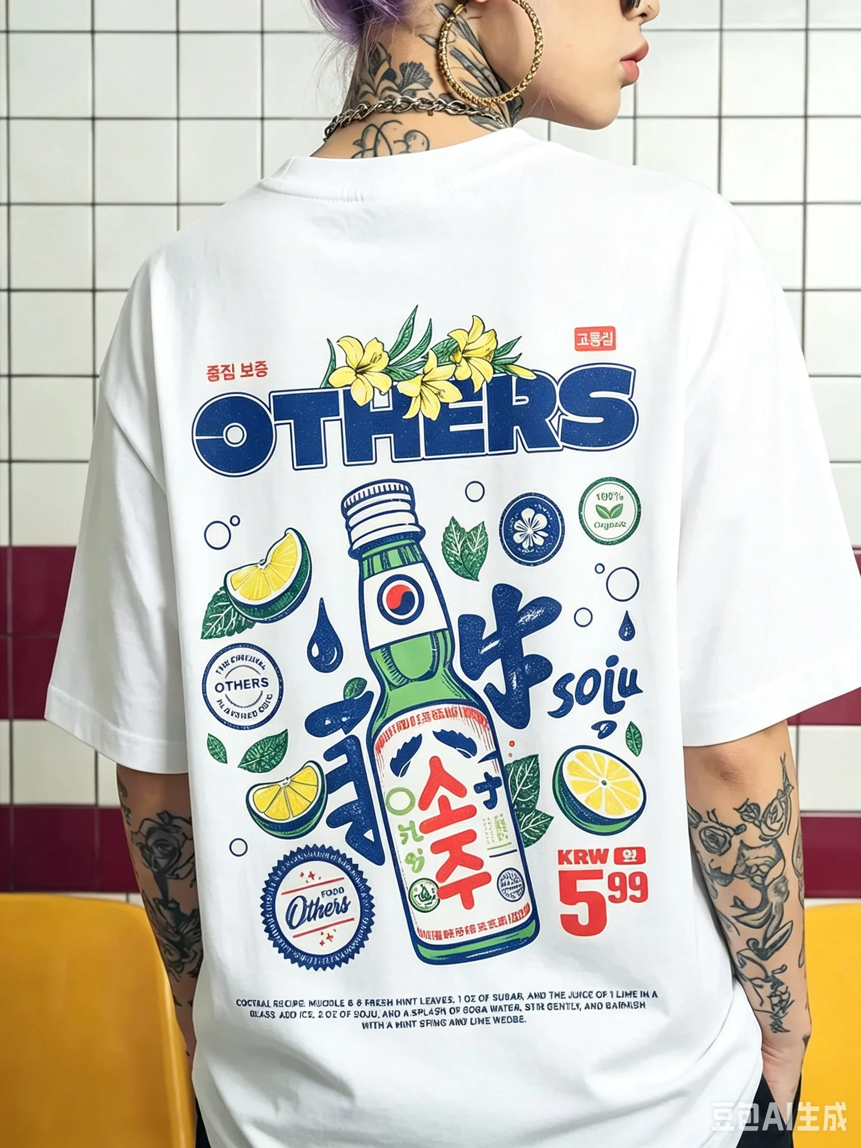 Korean Street Y2K Indie Oversized Tee Soju Bottle Lime Floral Stamp Print Soft Cotton Unisex Loose White Casual Street T Shirt